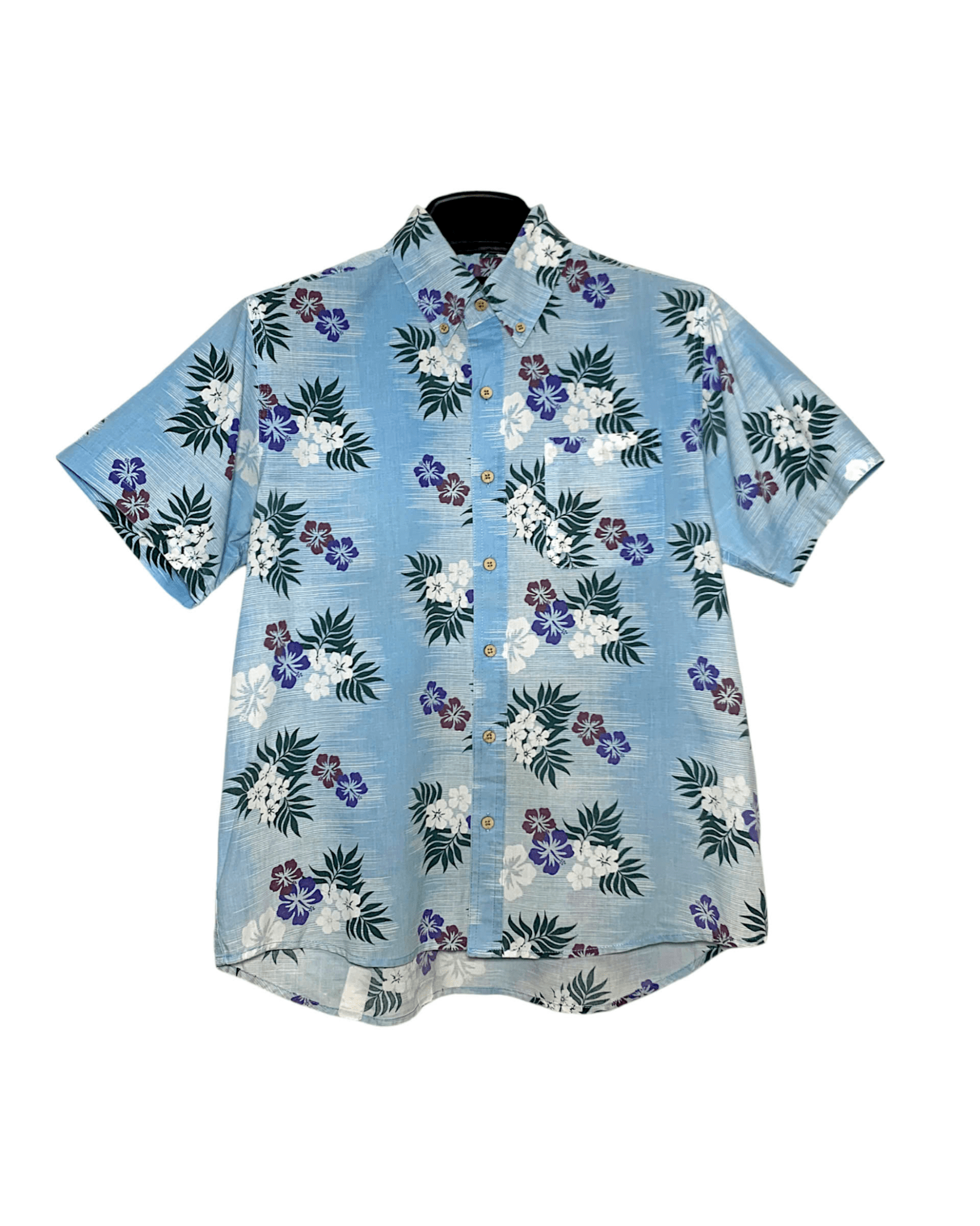 AITOZ BLUE HIBISCUS FLORAL PRINT BUTTON DOWN HAWAIIAN SHIRT