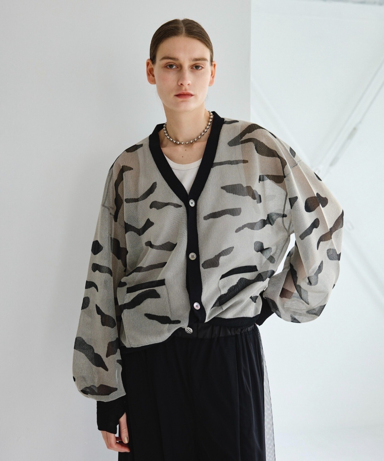 seyto Jaguard nuance pattern shear cardigan / ジャガードニュアンス柄シアーカーディガン