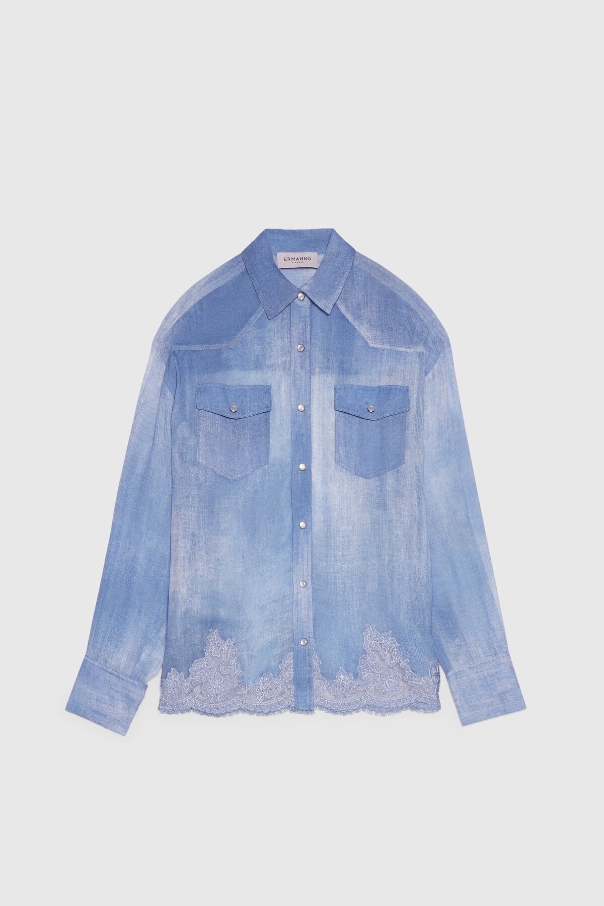 ERMANNO FIRENZE DENIM PRINT GEORGETTE SHIRT WITH LACE EMBROIDERED