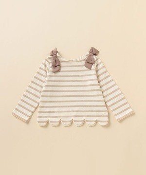 petit main 肩リボンスカラップボーダー長袖Tシャツ