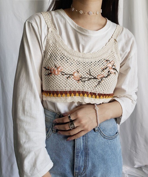 me+em select かぎ針編み花刺繍レースビスチェ