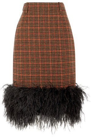 PRADA Feather-trimmed checked wool-blend tweed skirt