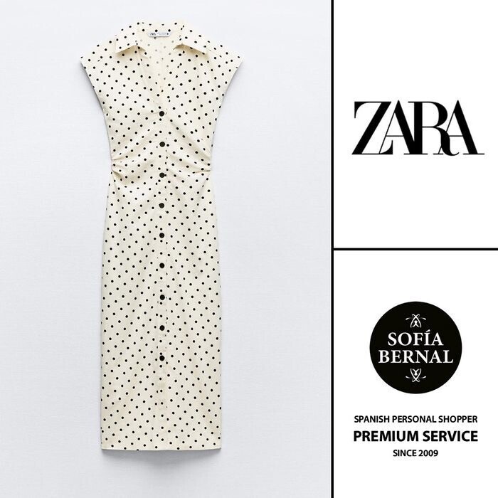 ZARA リネンブレンド ポルカ ドット ミディ ワンピース