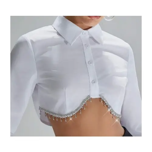 SHEIN Denimoi ライノストーンフリンジクロップドカラーシャツ