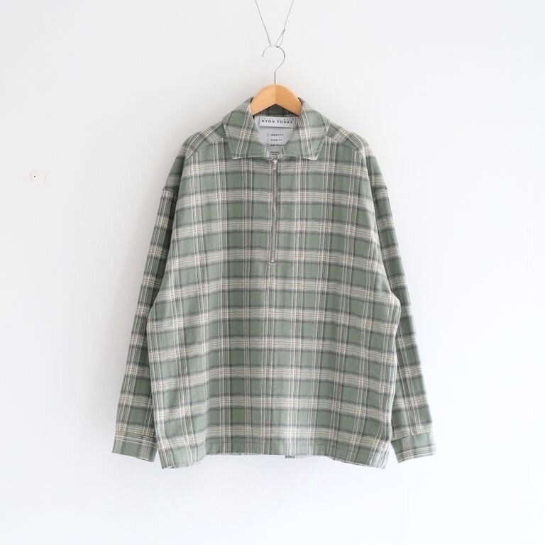 KYOU "ELWOOD" Half Zip Check Shirts（SAGE GREEN）