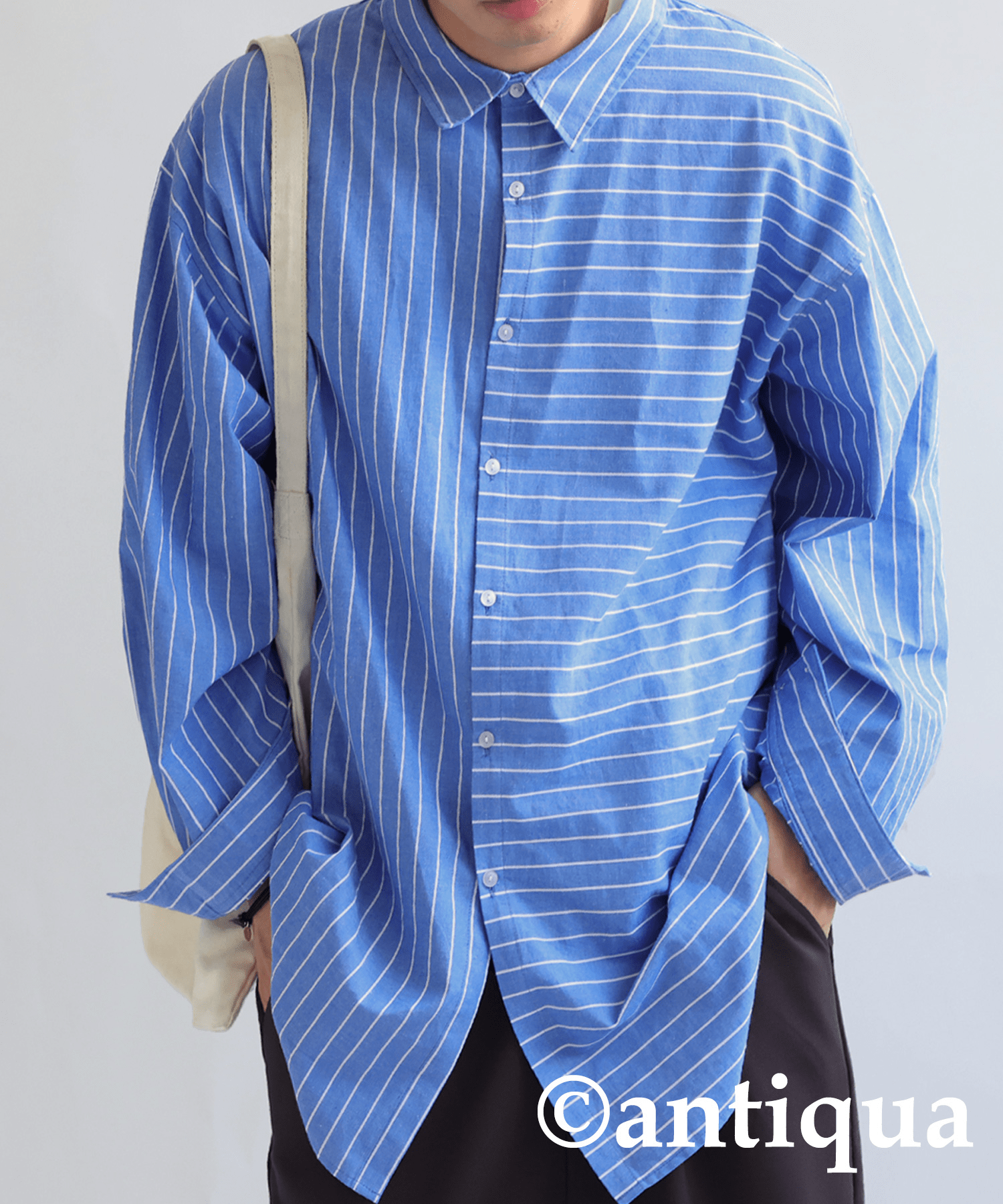 antiqua シャツ メンズ トップス 長袖 ストライプ柄 綿100 ez-00001z