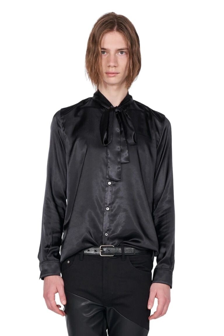 GALAABEND サテン リボン シャツ Satin Ribbon Shirt Black