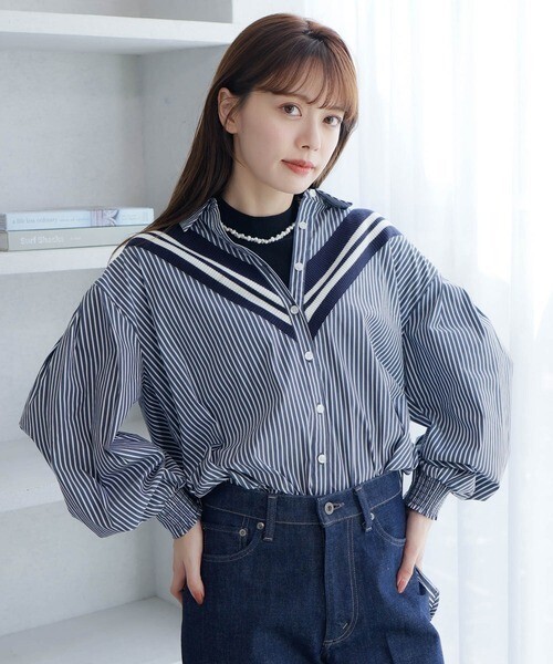 LADYMADE リブライン切り替えシャツ
