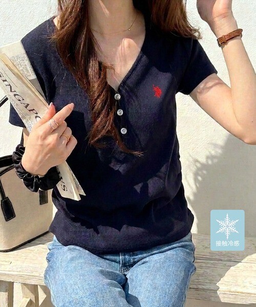 U.S. POLO ASSN. GeeRA別注【U.S. POLO ASSN.】細見え!接触冷感Vネックヘンリーリブカットソー