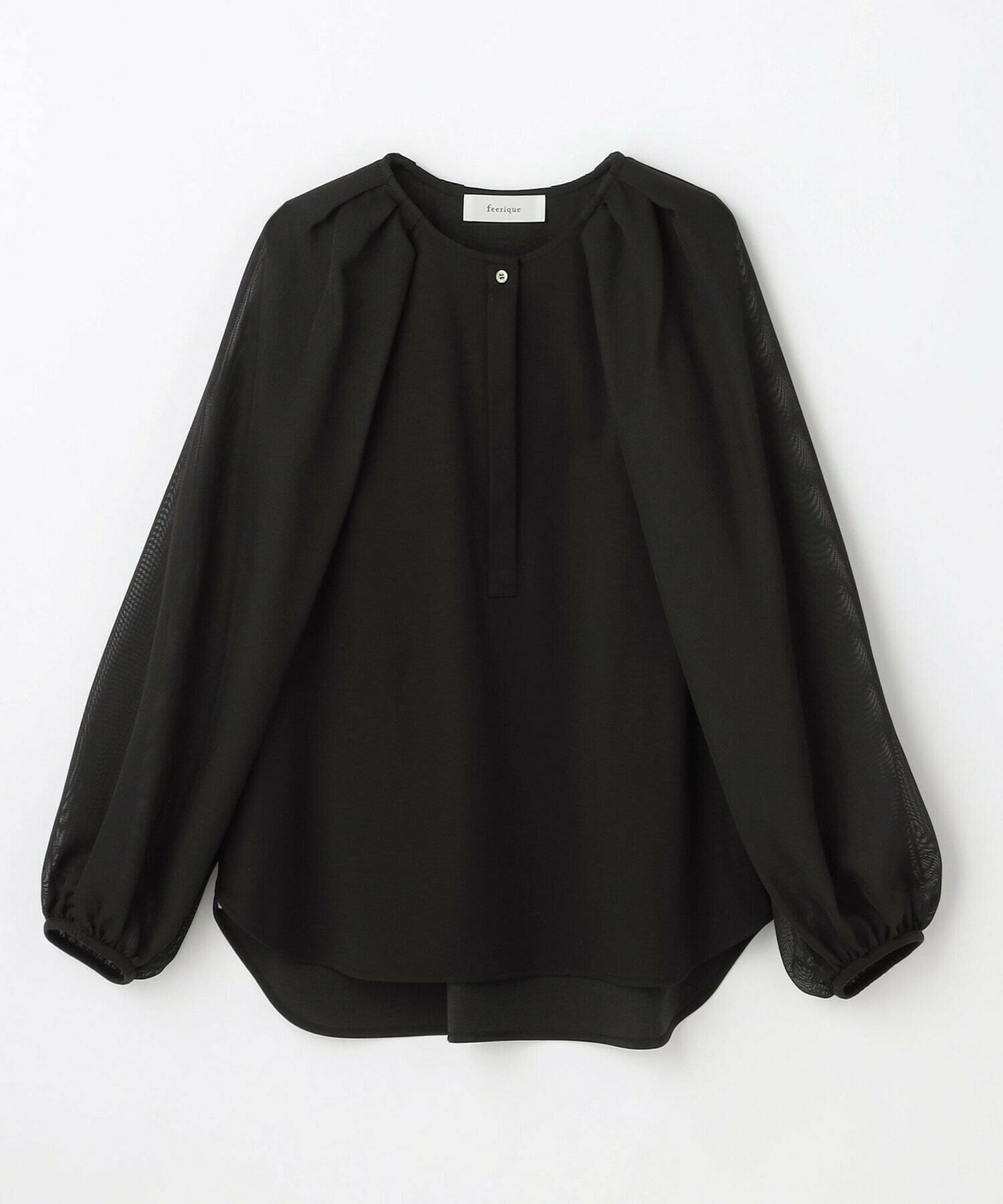 feerique メッシュ×ジャージドッキングブラウス
