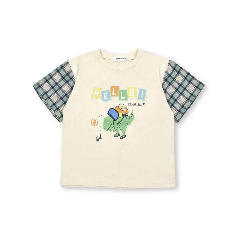 slap slip 袖チェック柄切り替え恐竜プリント半袖Tシャツ