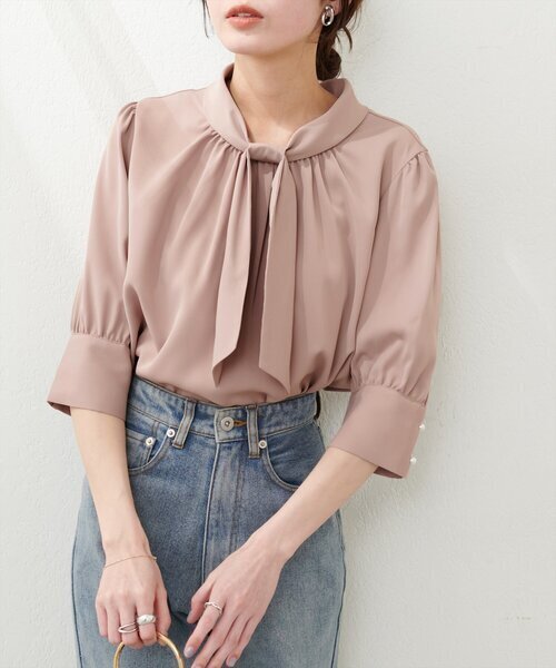 natural couture 袖口パールノット結び6分袖ブラウス