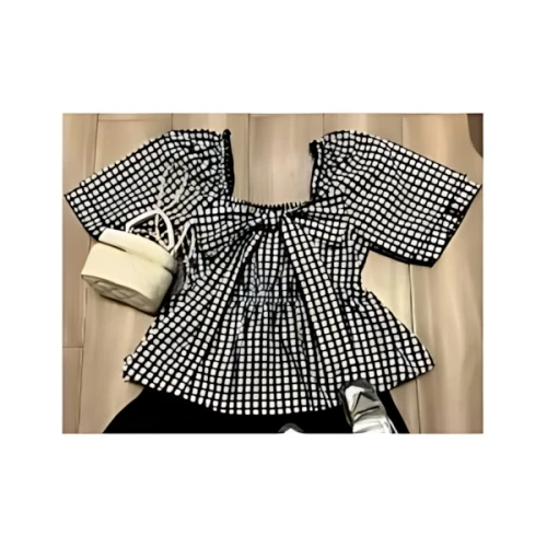 SHEIN FRIFUL SHEIN X AYA NAKAMACHI レディース 半袖 チェック柄 ブラウス リボン飾り付き 夏物