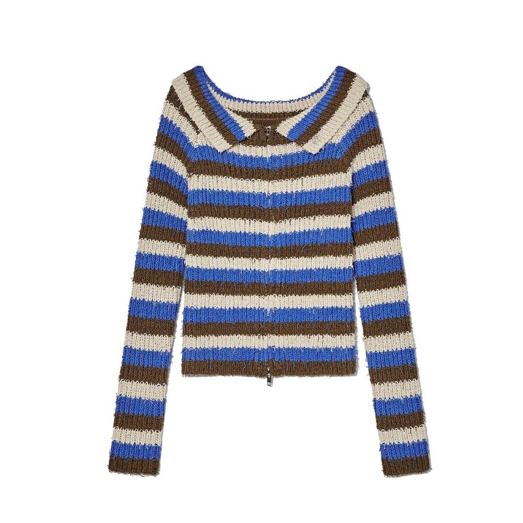 KIJUN Off-Shoulder Knit Cardigan Blue Stripe