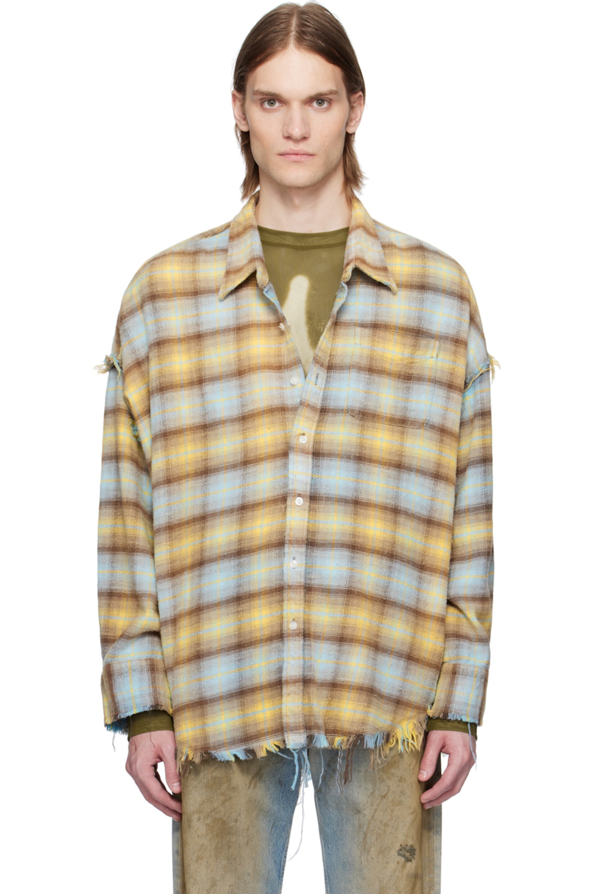 R13 ブルー＆イエロー Shredded Seam Drop Neck シャツ