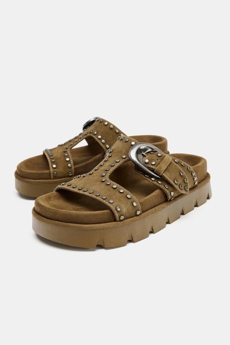 ZARA スタッズ スプリットスエード プラットフォームサンダル - カーキ