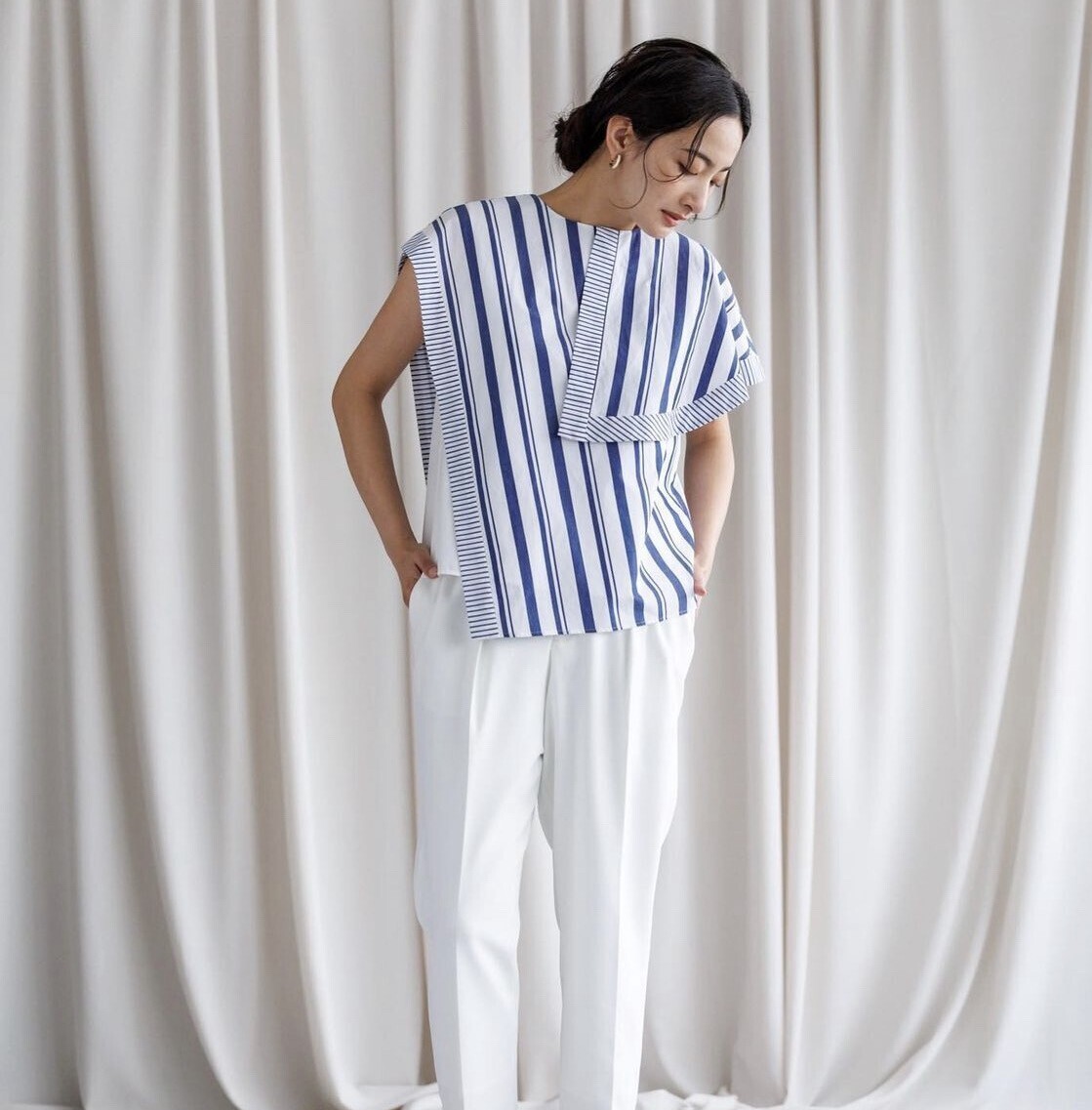 RAW FUDGE Striped asymmetric cape blouse