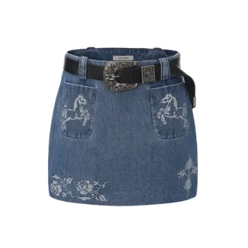 MARKGONG Blue Cross-Stitch Embroidered Denim Skirt
