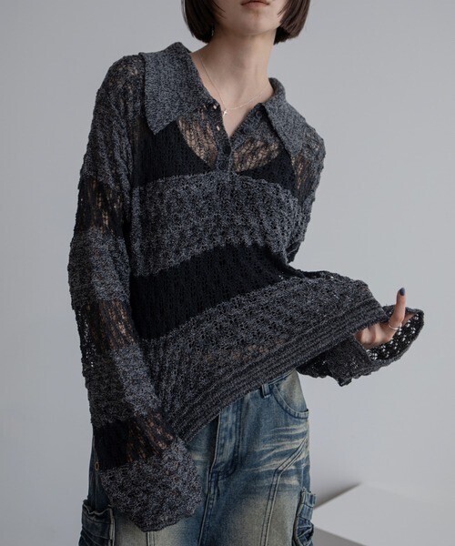 VACANCY 透かし編みポロ衿プルオーバー