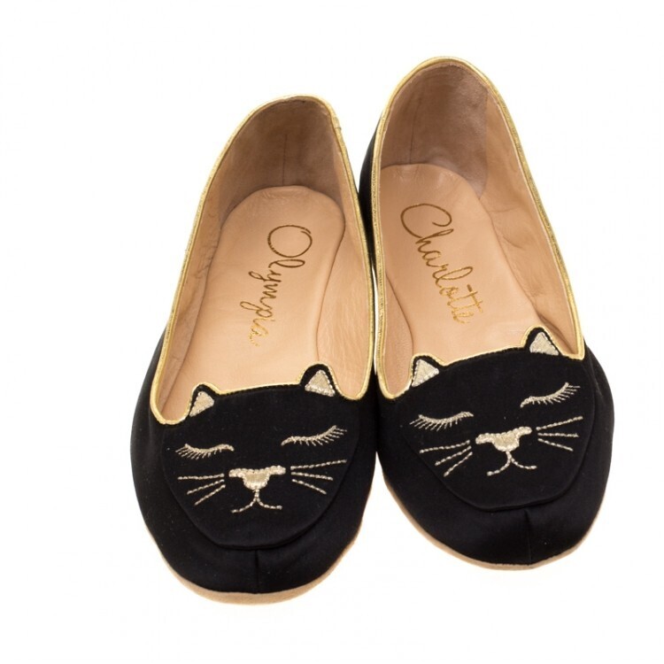 Charlotte Olympia Black Satin Cat Nap Slippers