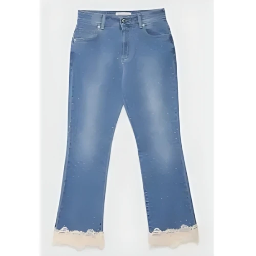 ERMANNO FIRENZE CROPPED DENIM PANTS WITH RHINESTONE AND LACE INSERT