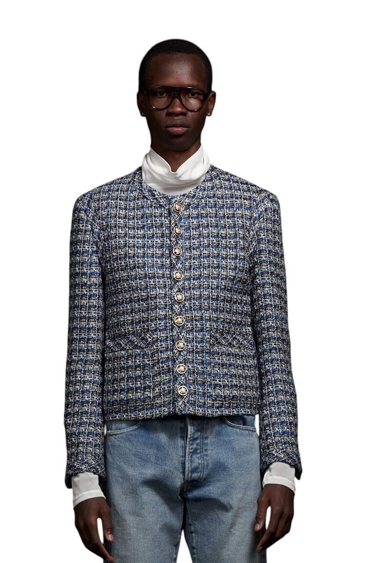 GALAABEND Tweed No Collar Cropped Militaly Jacket