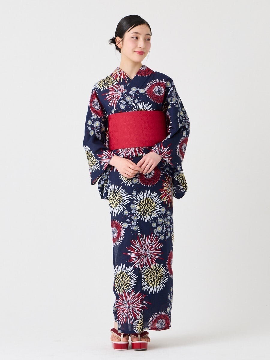 ふりふ 浴衣3点セット（浴衣「ハナウタ・夏空花火」+ 半巾帯「花七宝」+着付け冊子）