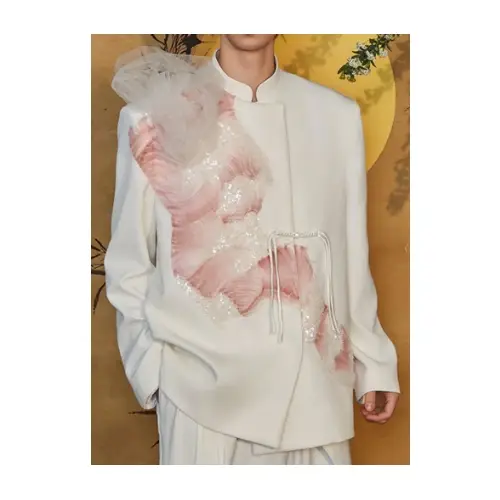 JIECHI Asymmetrical Ruffled Tulle Embellished Blazer