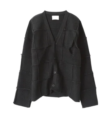 YOKE PATCHWORK RIB BUTTONED CARDIGAN