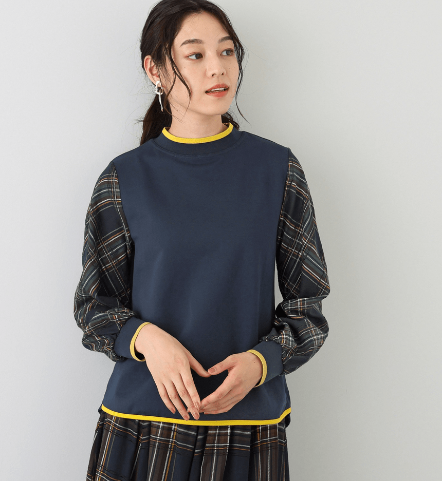 Style Ravie 配色リブ チェック柄アクセント プルオーバー