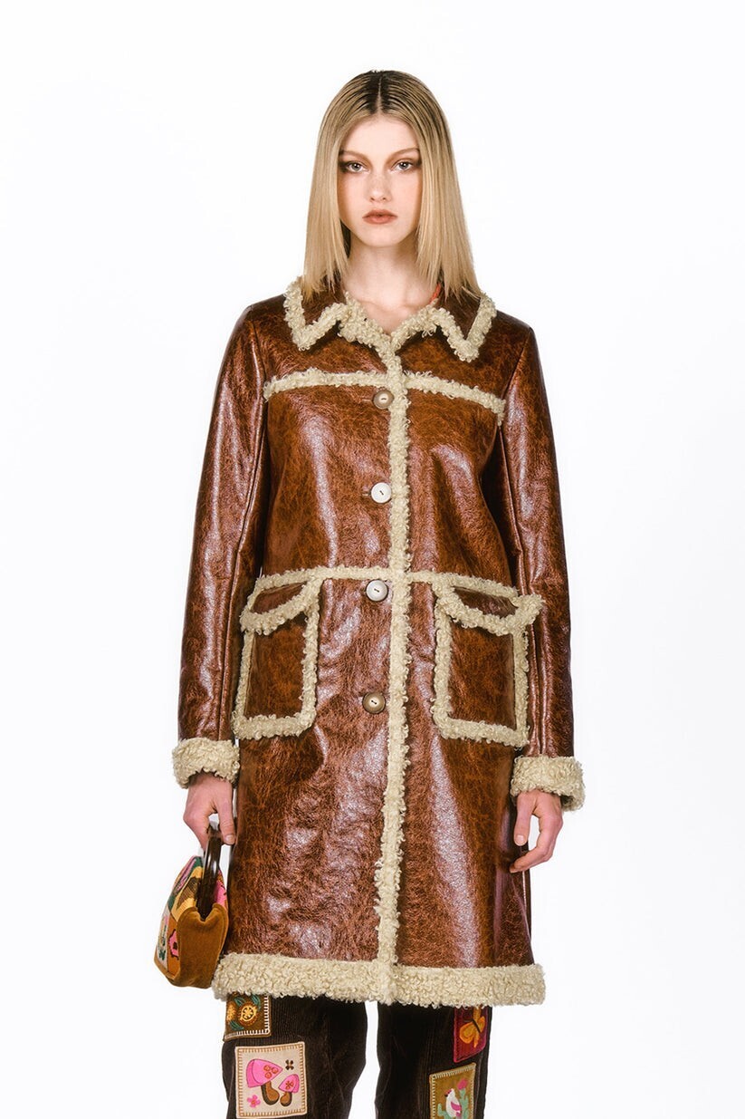 Anna Sui Tobacco Faux Leather with Curly Lamb Trim Coat