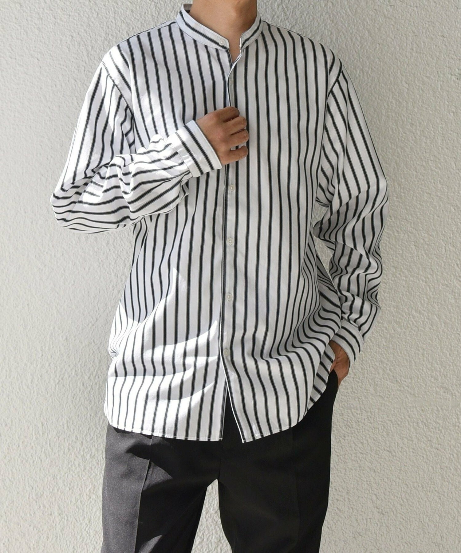 SHIPS any ストライプ / ソリッド リラックス バンドカラー シャツ 25AW