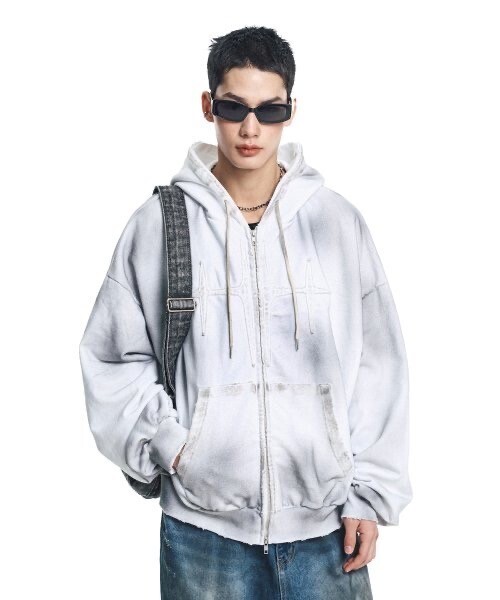 EASY NO EASY Washed Patch Overfit Hooded Zip-Up
