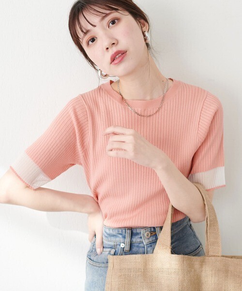 natural couture 袖口シアー強撚リブニット