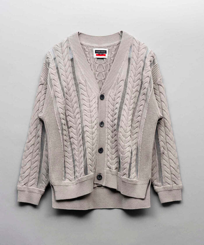 MAISON SPECIAL Cable Knitting Sheer Intarsia Prime-Over V-Neck Knit