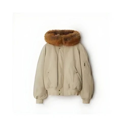 BURBERRY Faux Fur Trim Cotton Bomber Jacket