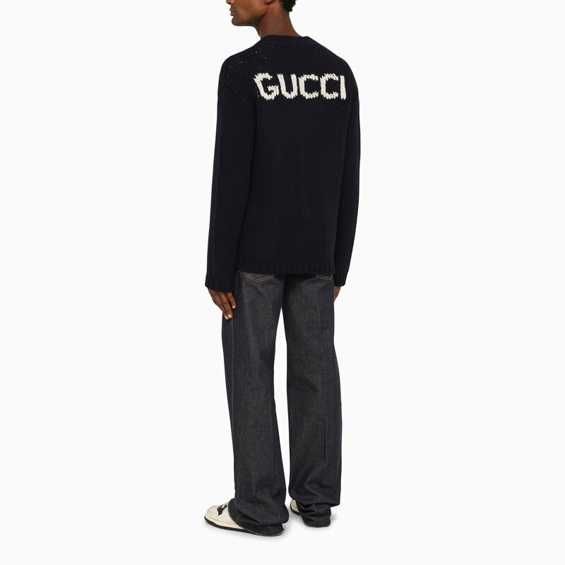 GUCCI GUCCI Blue wool cardigan with logo intarsia