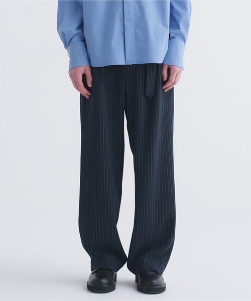 CULLNI Stripe Double Satin 2 Tuck Wide Pants with Long Belt