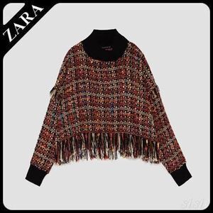 ZARA フリンジ加工ディテール入りツイードトップス