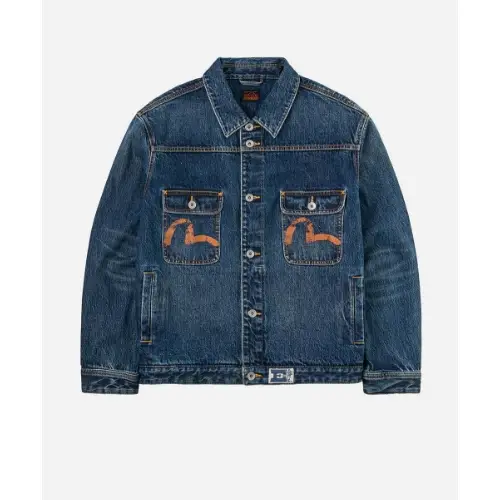 EVISU ディストレスドカモメプリントとほつれロゴパッチ刺繍 リラックスフィット デニムジャケット