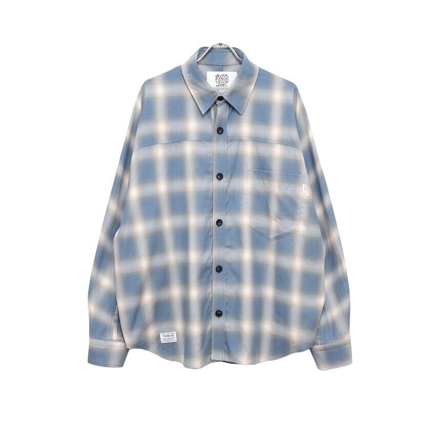elephant TRIBAL fabrics CIRCLE YOKE SLEEVE OMBRE CHECK SHIRT SAX