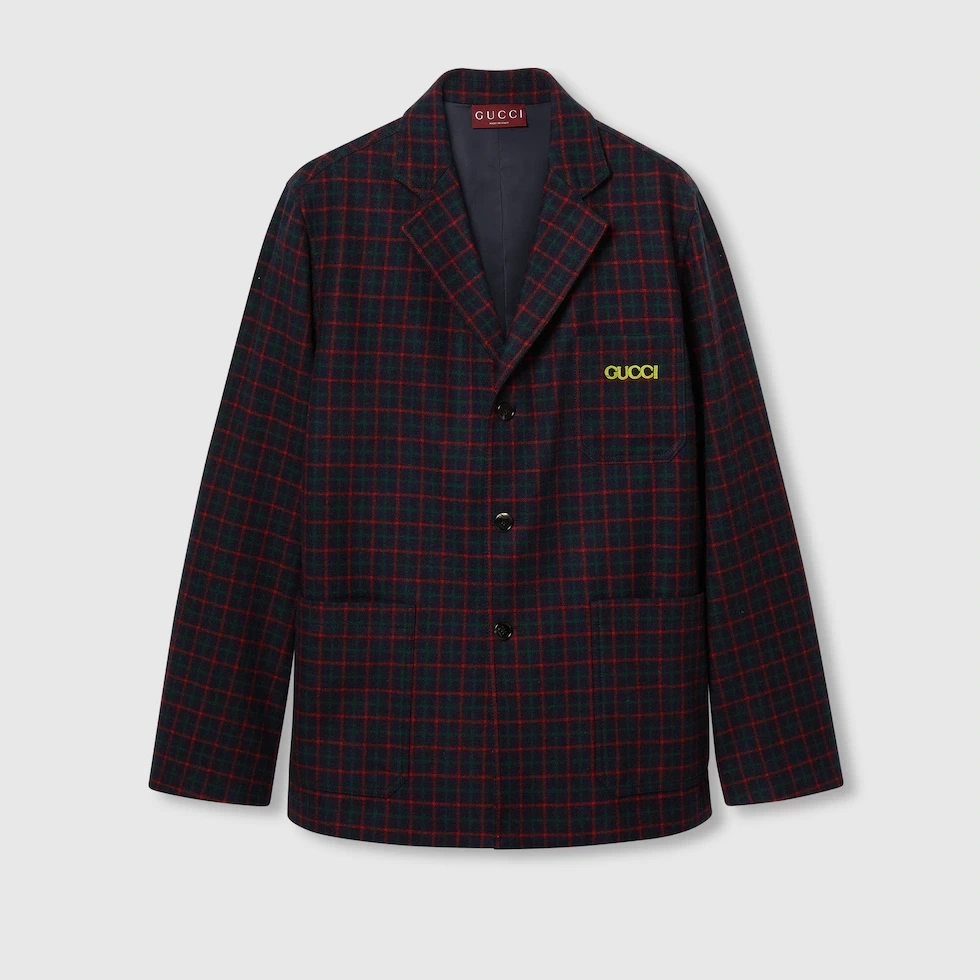 GUCCI Embroidered check wool flannel jacket