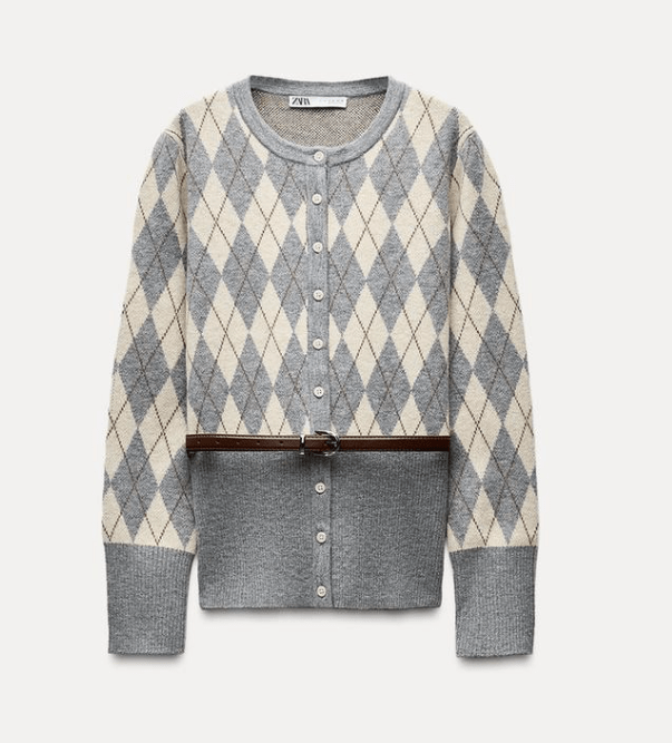 ZARA ダイヤモンド柄ベルト付きニットジャケット