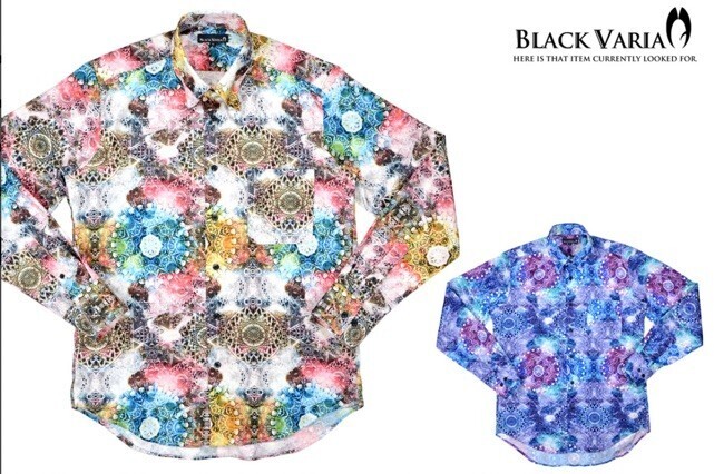 BLACK VARIA サテンシャツ ドレスシャツ 幾何学模様柄 宝石 レギュラーカラー