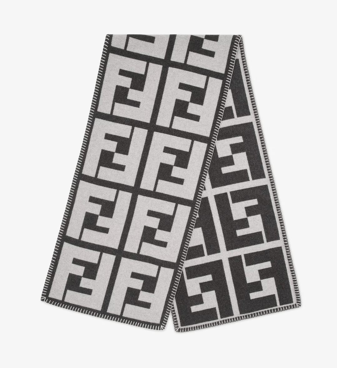 FENDI ブラック＆グレー ウール／カシミア マフラー