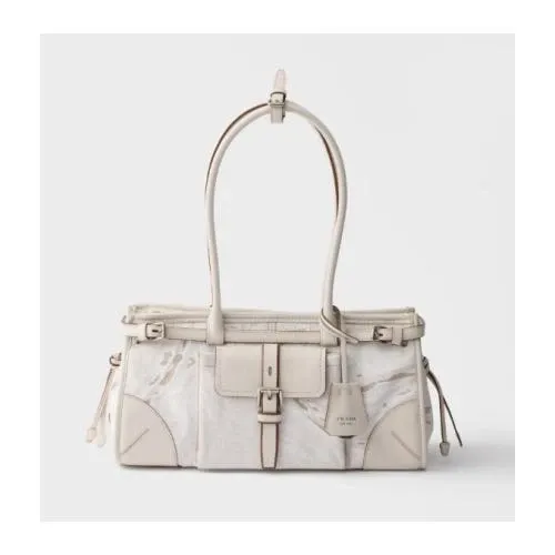 PRADA Bonnie medium printed linen and leather handbag