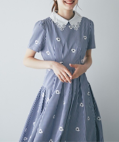 tocco 襟付きフラワー刺繍×ギンガムチェックワンピース
