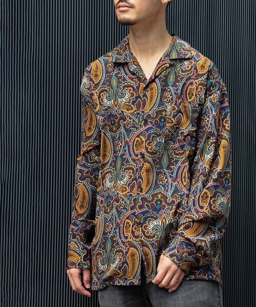 BEAMS プリント オープンカラー シャツ