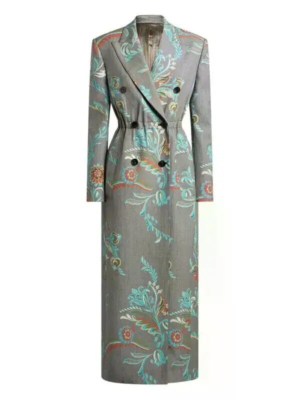 ETRO Daffodil-Print Double-Breasted Coat - Grey