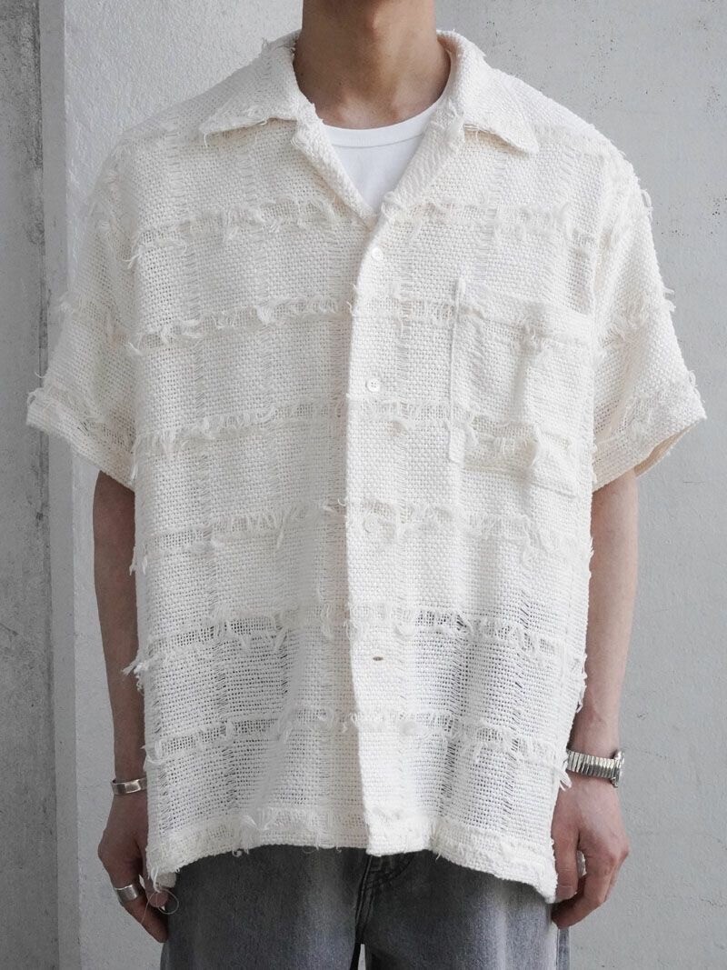 YOKE FRINGE CHECK TWEED OPEN COLLAR SHIRT[ECRU]
